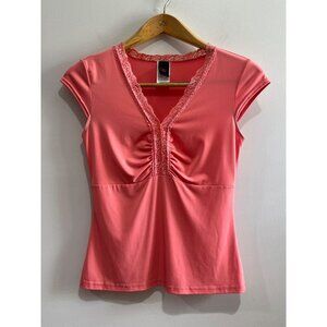 Y2K Wrapper V-Neck Blouse Womens M Peach with Lace Fitted Coquette